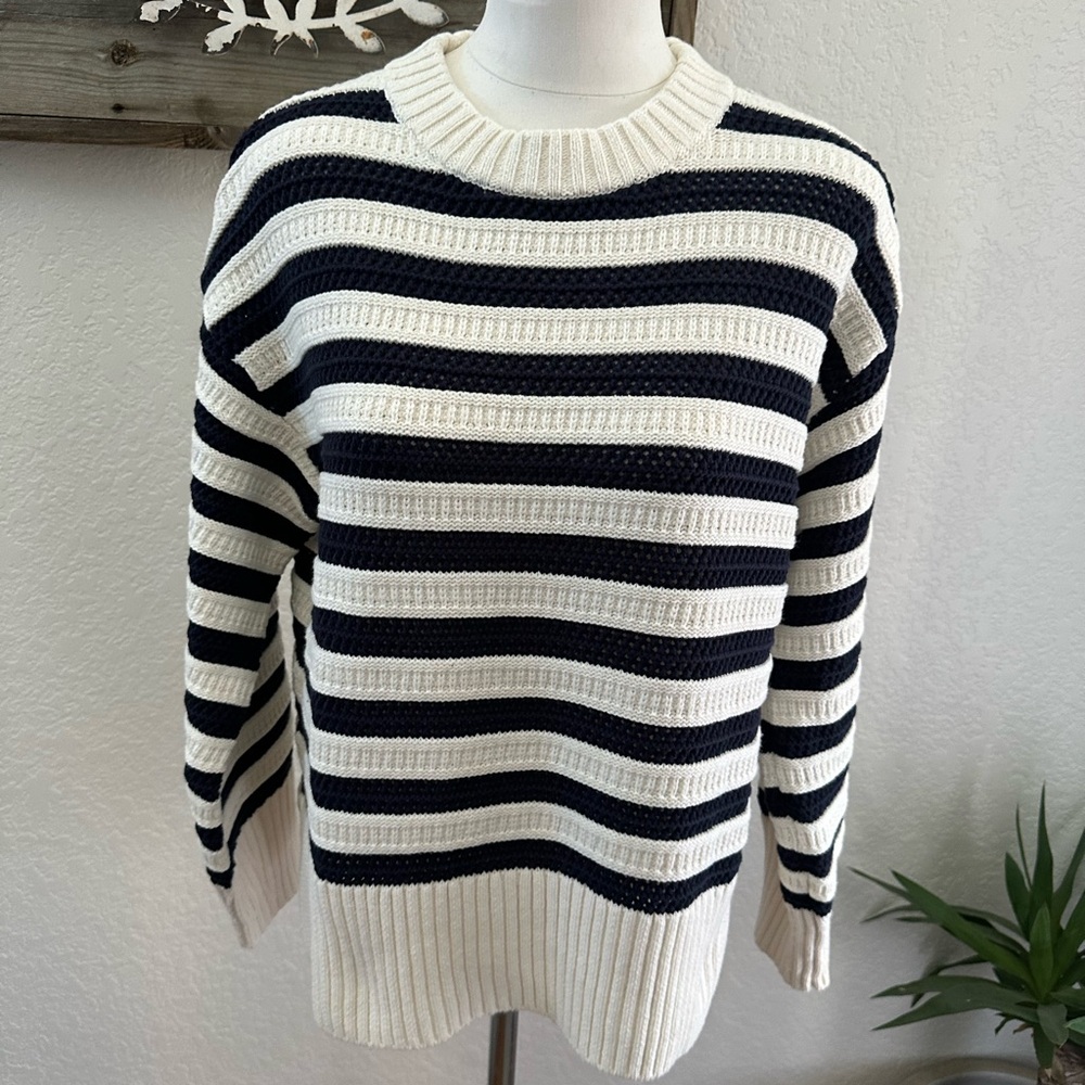 H&M striped knit cotton blend sweater dark blue ivory ladies M‎ NWT